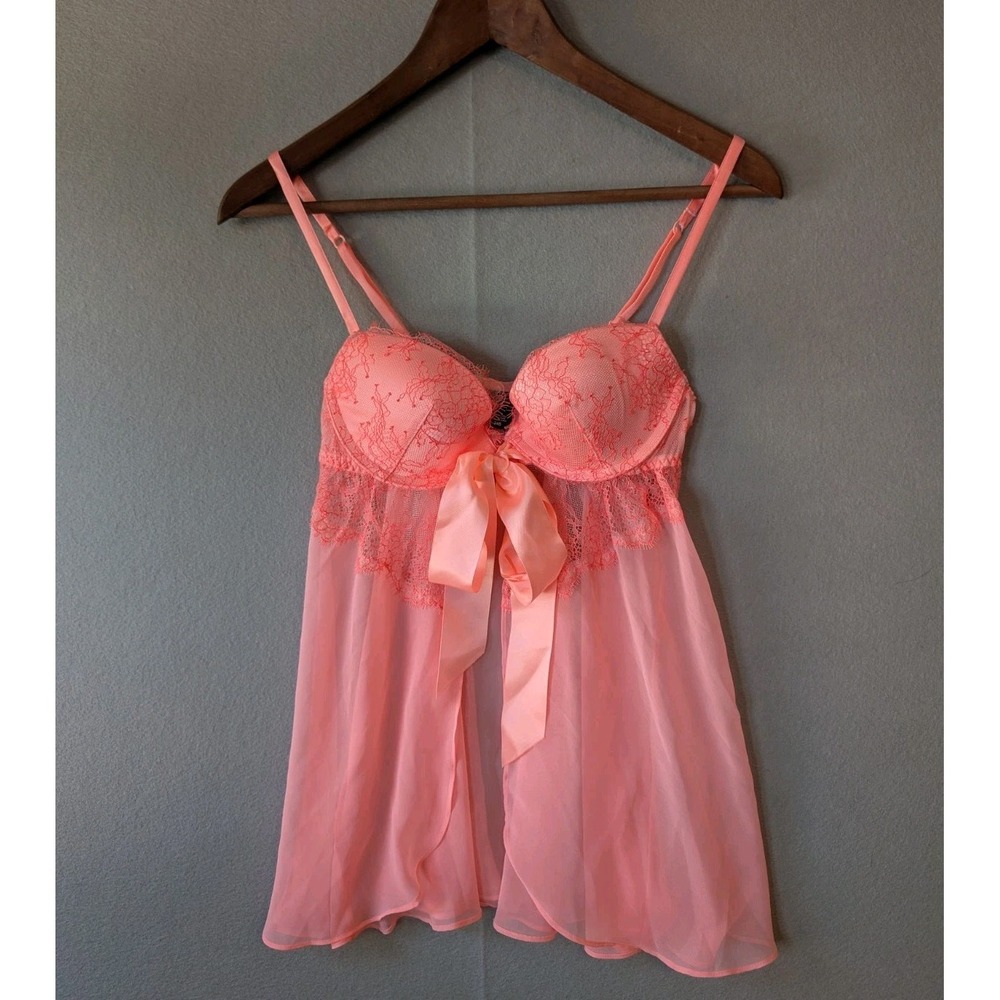 VICTORIAS SECRET Lace Peach Flyaway Sexy Padded Nightie Ribbon Underwire Bra 34B